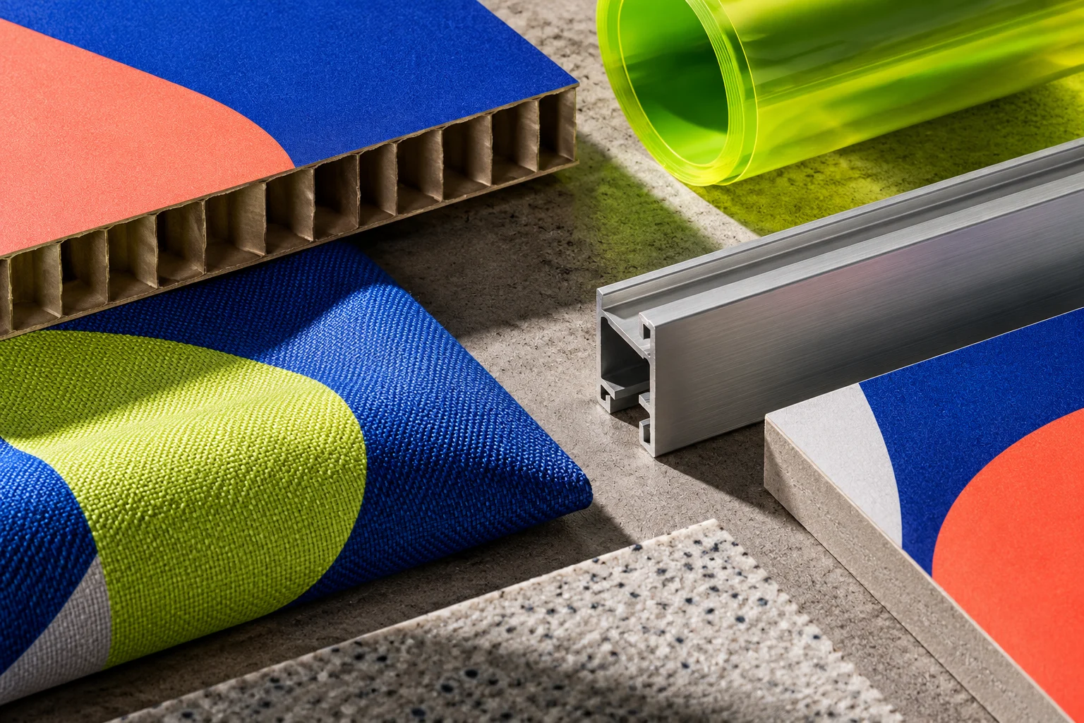 Conceptual editorial scene of graphics, materials and event displays