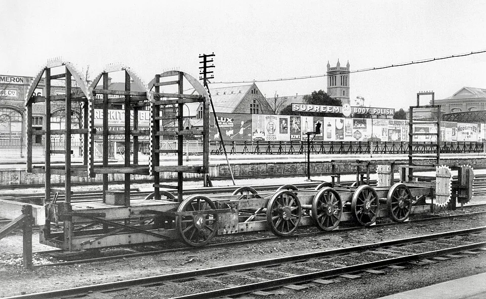 Context photograph: Loading gauge profile vehicle for South Australian Railways 500 class locomotives, 1926 (NRM 17-336-mb-b21-d15); operations context, not an identified product or supplier on this page.