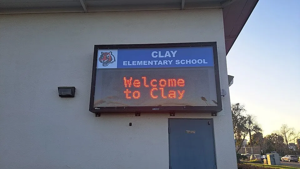 Context photograph: Clay Elementary School Sign 1; signage context, not an identified product or supplier on this page.