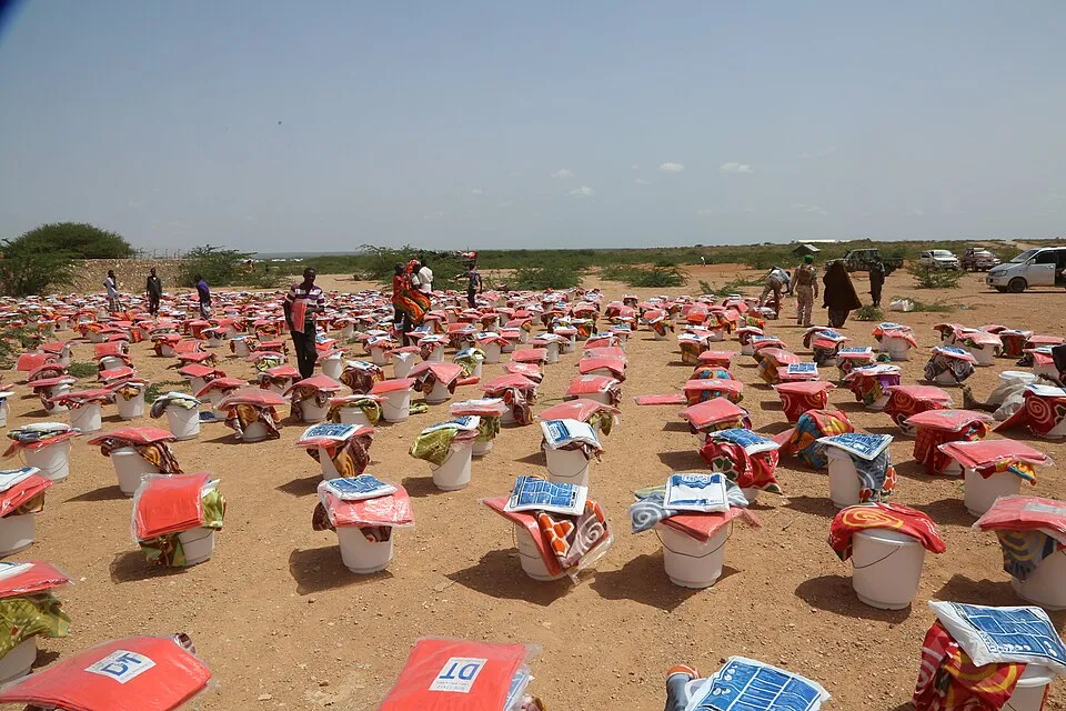 Context photograph: Some of the relief items consisting of flour, sugar, oil, rice, blankets and plastic sheets donated by AMISOM troops to vulnerable families in Beletweyne; polymer context, not an identified product or supplier on this page.