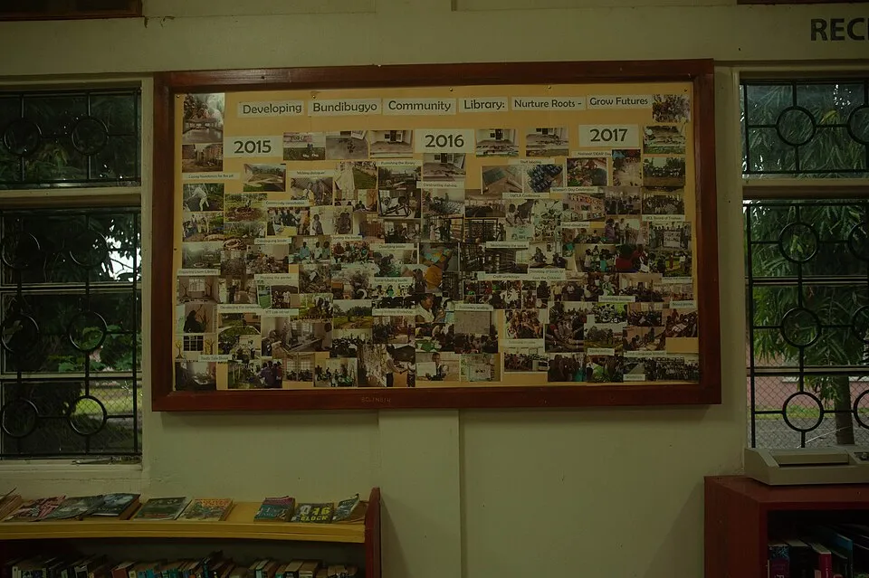Context photograph: Display board at Bundibugyo Community Library, Bundibugyo Central, Bundibugyo district; signage context, not an identified product or supplier on this page.