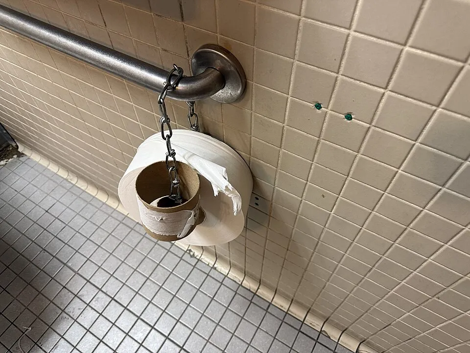 Context photograph: Chained rolls of toilet paper at MBTA Sullivan station bathrooms; paper context, not an identified product or supplier on this page.