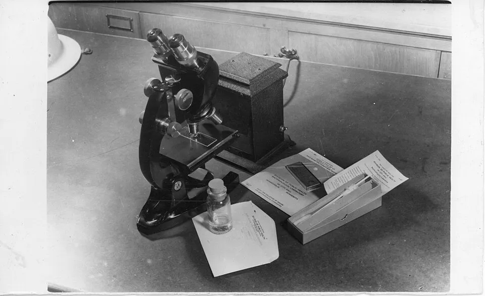 Context photograph: Light Microscope in the bacteriological laboratory, Minneapolis Health Department; science context, not an identified product or supplier on this page.