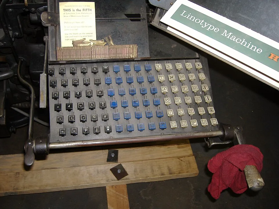 Context photograph: Wood Type Museum Linotype typesetting machine (2) (58161271); printing context, not an identified product or supplier on this page.