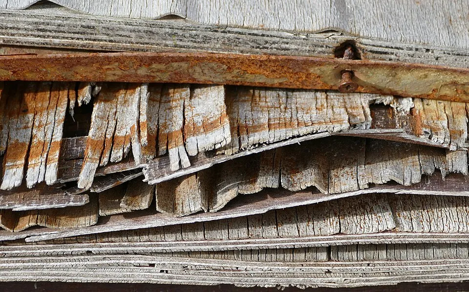 Context photograph: Weatherworn plywood table 3; timber context, not an identified product or supplier on this page.